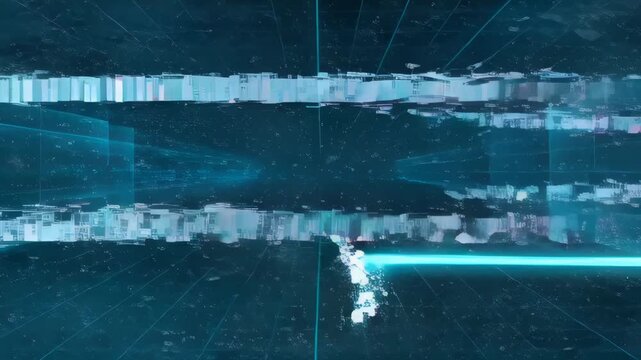 Digital network tunnel with virus hack line music technology glow and data stream dark grid space for cyber security concept and blurred abstract winter road scene with digital technology line, virus
