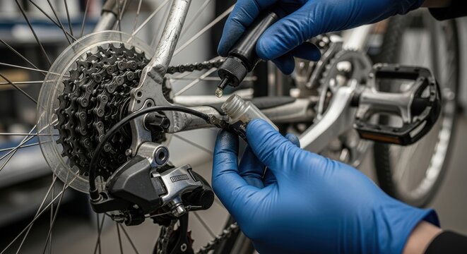 Bicycle derailleur lubricate maintenance with oil dropper close up workshop repair