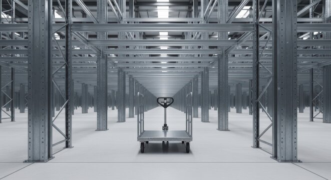 Warehouse cart positioned between metal shelves aisle in empty industrial storage facility