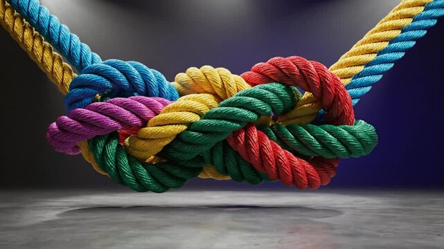 Intertwined colored ropes forming complex knot, symbolizing unity, collaboration, and connectivity concepts