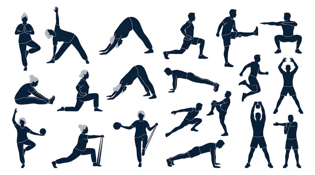 Group of children exercising in dynamic silhouette poses against white background line art. Generative AI illustration