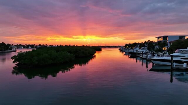 Scenic sunset over a calm canal with boats docked at a luxurious marina creating a tranquil atmosphere
