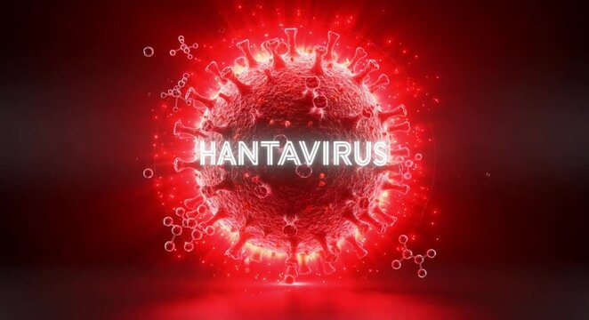 Red 3d hantavirus cell glowing in a dark background, illustrating a dangerous viral infection.