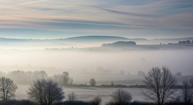 Misty Morning Landscape with Silhouetted Trees and Rolling Hills.