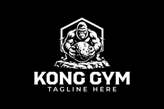 Gorilla holding cracked stone modern logo design for gym and fitness. Kong primate mascot illustration logo for workout and lifting sport. Muscular ape with big rock logo design for bodybuilder