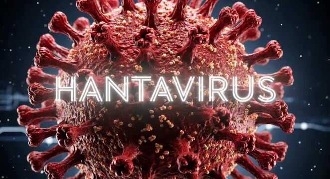 3d render of a red hantavirus cell floating in a dark microscopic space with text overlay.