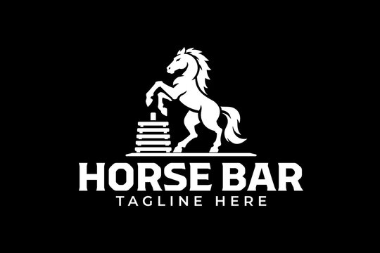 Horse standing with stacked weight plates modern logo design for fitness. Rearing stallion with weight plates mascot illustration for workout and lifting. Equine, mustang, steed gym logo design
