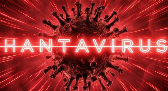 Intense red 3d render of a hantavirus cell with glowing text spreading in a dark medical space.