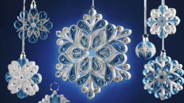 Decorative quilling snowflakes and ornaments hanging with shimmering silver string on dark blue background