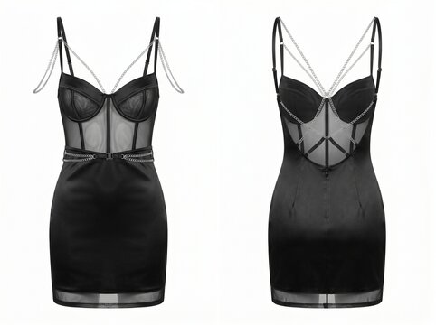 Elegant black mini dress with corset bodice and strappy details, front and back views.