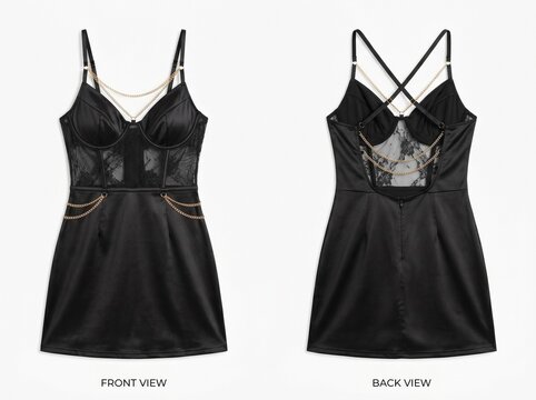 Elegant black satin mini dress with bustier top and gold chain details, shown from front and back views.