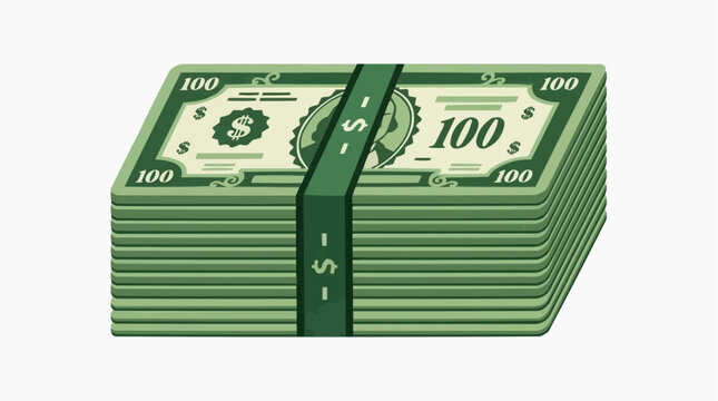 Bundle of Cash: A thick stack of US dollar bills, neatly banded together with a green ribbon featuring dollar signs, signifies wealth and financial prosperity.