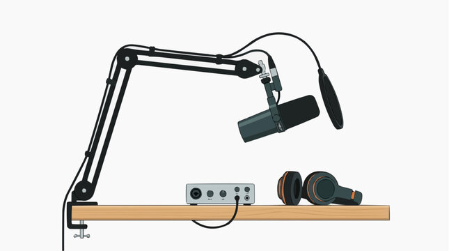 Podcast Studio Setup: A professional podcasting setup featuring a microphone on an articulated arm, audio interface, and headphones, perfect for recording high-quality audio.