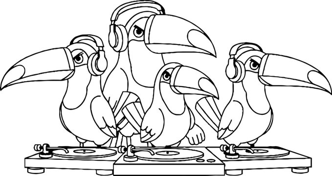 Three toucan djs performing with turntables and headphones