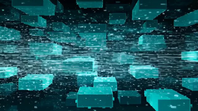 Abstract digital line music technology virus hack background with glowing cube and motion effect, abstract digital line music technology virus hack network data block floating futuristic scene