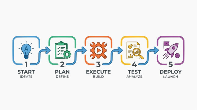 Business Process Workflow: A clear and concise infographic illustrates a five-step business process workflow, from 'Start' and 'Plan' to 'Execute', 'Test', and 'Deploy'.