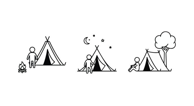 Outdoor camping scene with teepee tent tree and night sky