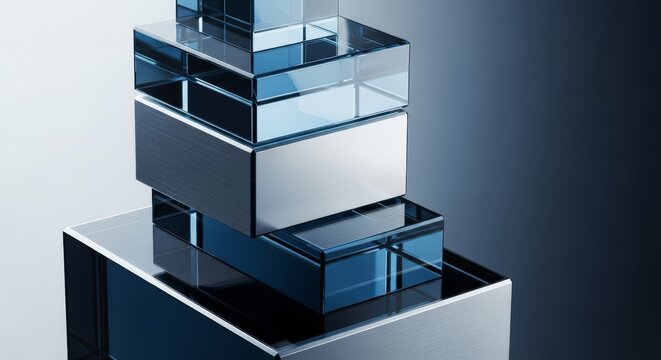Modern modular architecture featuring stacked glass and steel cubes with sharp linear edges and highly reflective metallic surfaces, building, chrome, blocks