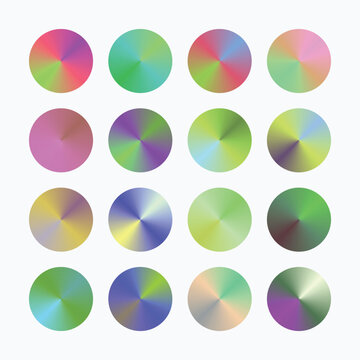 Holographic conical gradient circles, set of 16 iridescent round swatches, vibrant metallic color palette for modern UI design and branding
