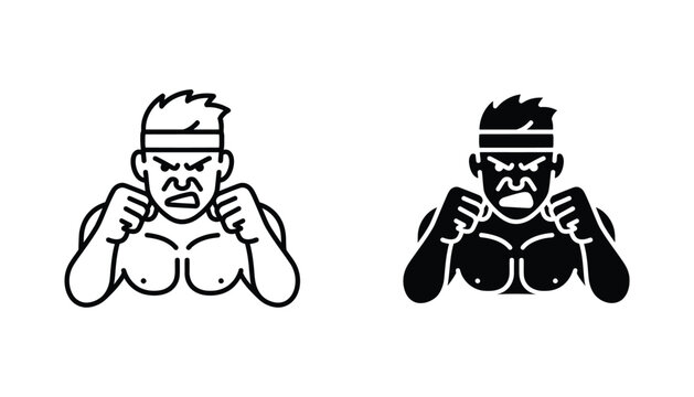 Angry male fighter with headband vector illustration featuring line art and solid black silhouette styles for combat sports and fitness branding