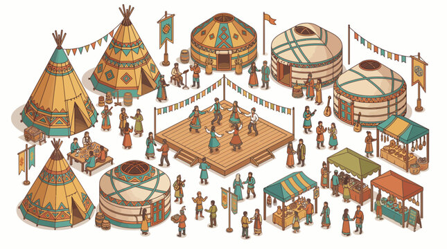 People gather at a vibrant cultural festival event with teepees and yurts.