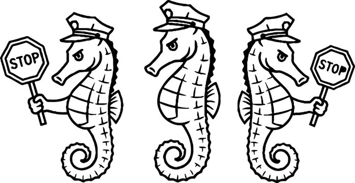 Traffic patrol seahorses in police hats holding stop signs