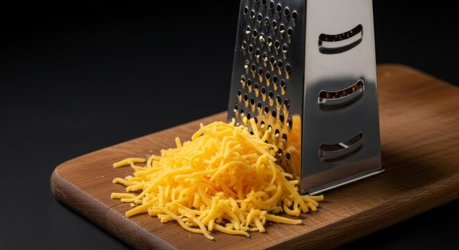 A stainless steel box grater standing on a wooden board with freshly shredded yellow cheddar cheese spilling out onto a dark surface, protein, ingredients, cheese