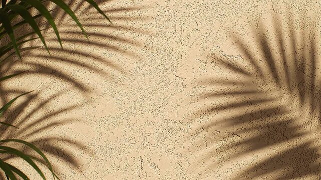 Shadows of palm leaves cast upon a textured, neutral-colored wall, evoking a tropical, serene ambiance