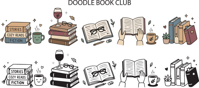 Book Club Reading Lifestyle, Reading Books and Coffee, Doodle Cartoon Illustration