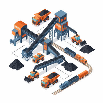 Coal mining processing plant with trucks and trains isometric illustration.