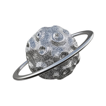 A shiny silver textured planet with a smooth ring in space
