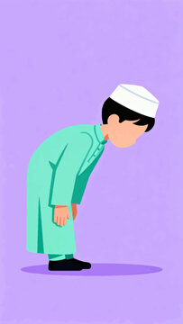 Cute Muslim boy bowing in ruku prayer position vector illustration