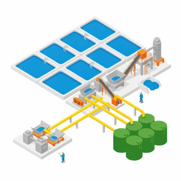 Industrial water treatment plant with tanks and pools isometric view.