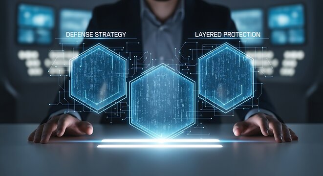 Defense strategy and layered security. A strategist's hands position three holographic shields in formation, representing a defensive strategy or layered protection.
