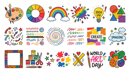 Fototapeta premium Creative art and education vector set with paint palette, rainbow, pencils, school supplies and colorful doodles in playful cartoon style