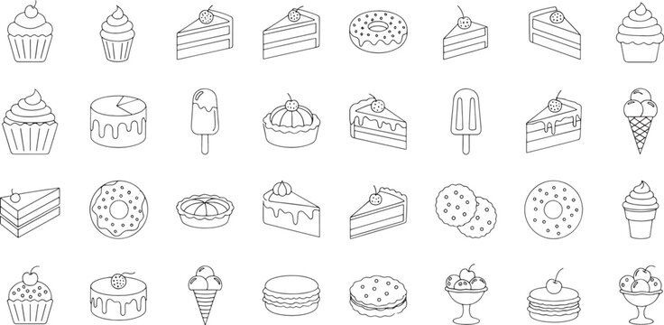 Collection of various sweet food and dessert icons in outline style including cakes cupcakes muffins donuts cookies ice cream cones and popsicles  sweet treats and desserts