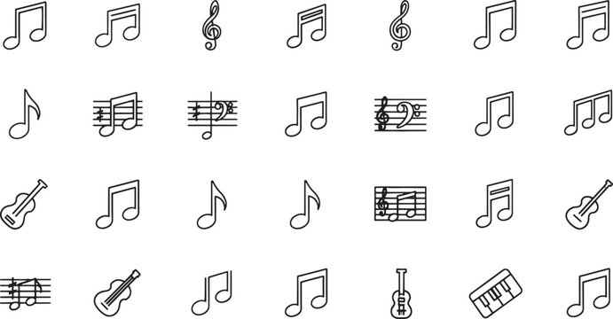 Music notes and instruments icons  various musical symbols and notation marks  music sheet and staff elements  collection of black line art graphics