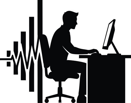 Man sitting at desk working on computer with sound wave vector eps illustration