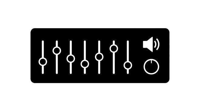 Equalizer panel shows a professional audio mixing interface with vertical faders and a volume speaker icon to represent sound engineering, music production, or precise digital signal processing.