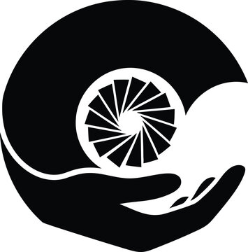 A hand holds a stylized vector eps windmill wheel inside a circular shape.