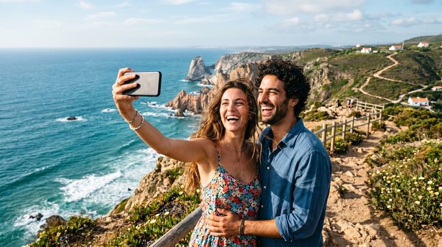 Happy couple taking a selfie on a cliff overlooking the ocean during a scenic vacation