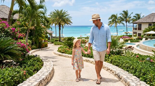 Father and daughter walking on tropical resort path with ocean view