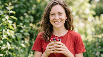 Young woman smiling holding a cup of fresh berries outdoors in a garden