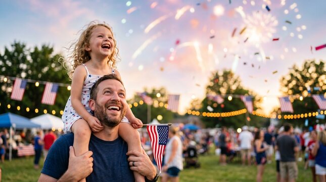 Father and daughter enjoying fireworks at a summer festival with American flags