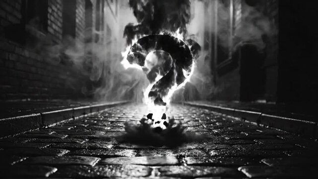 Mysterious question mark explodes into smoke and debris in dark, wet cobblestone alleyway, cinematic monochrome scene