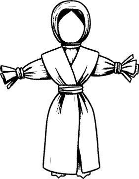 Folk rag doll in traditional attire line art