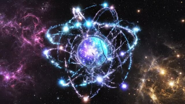 Cosmic atom illustration with glowing energy and ethereal particle trails, showcasing quantum physics in space