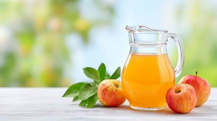 Fototapeta premium Refreshing Apple Juice in a Glass Pitcher Accompanied by Fresh Apples on a Bright Wooden Table Surrounded by Lush Greenery