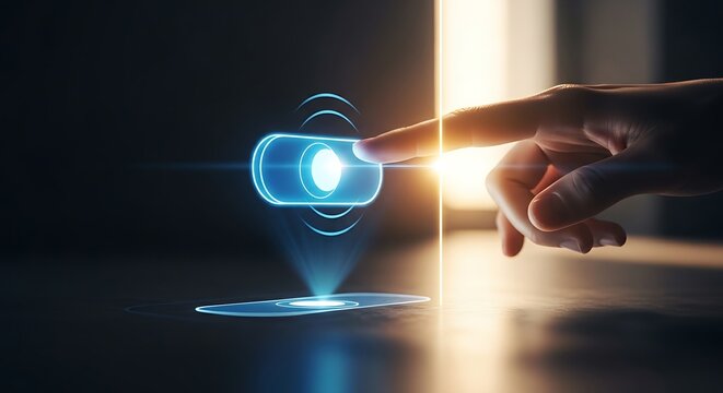 Change or new perspective concept. A close-up of a hand flipping a holographic 'light switch', which changes the environment from dark to light, symbolizing a new perspective.