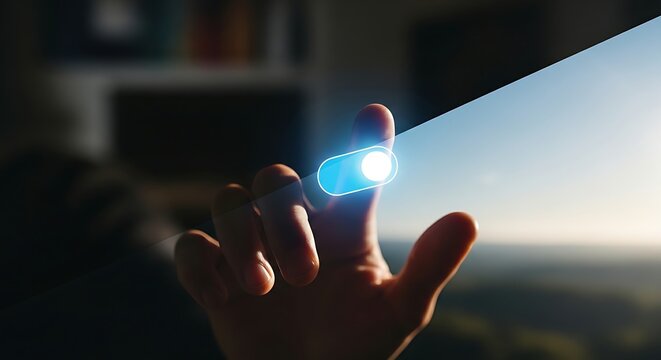 Change or new perspective concept. A close-up of a hand flipping a holographic 'light switch', which changes the environment from dark to light, symbolizing a new perspective.